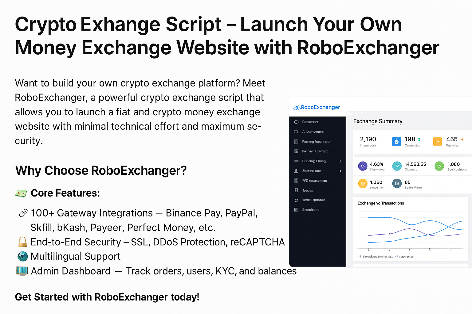 Crypto exchange script dashboard by RoboExchanger showing key features like gateway integration, admin panel, and analytics