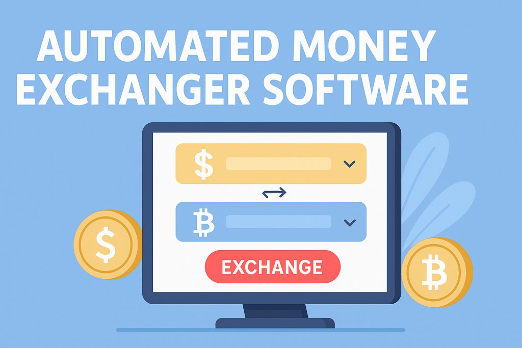 Automated Money Exchanger Software illustration with crypto and fiat exchange