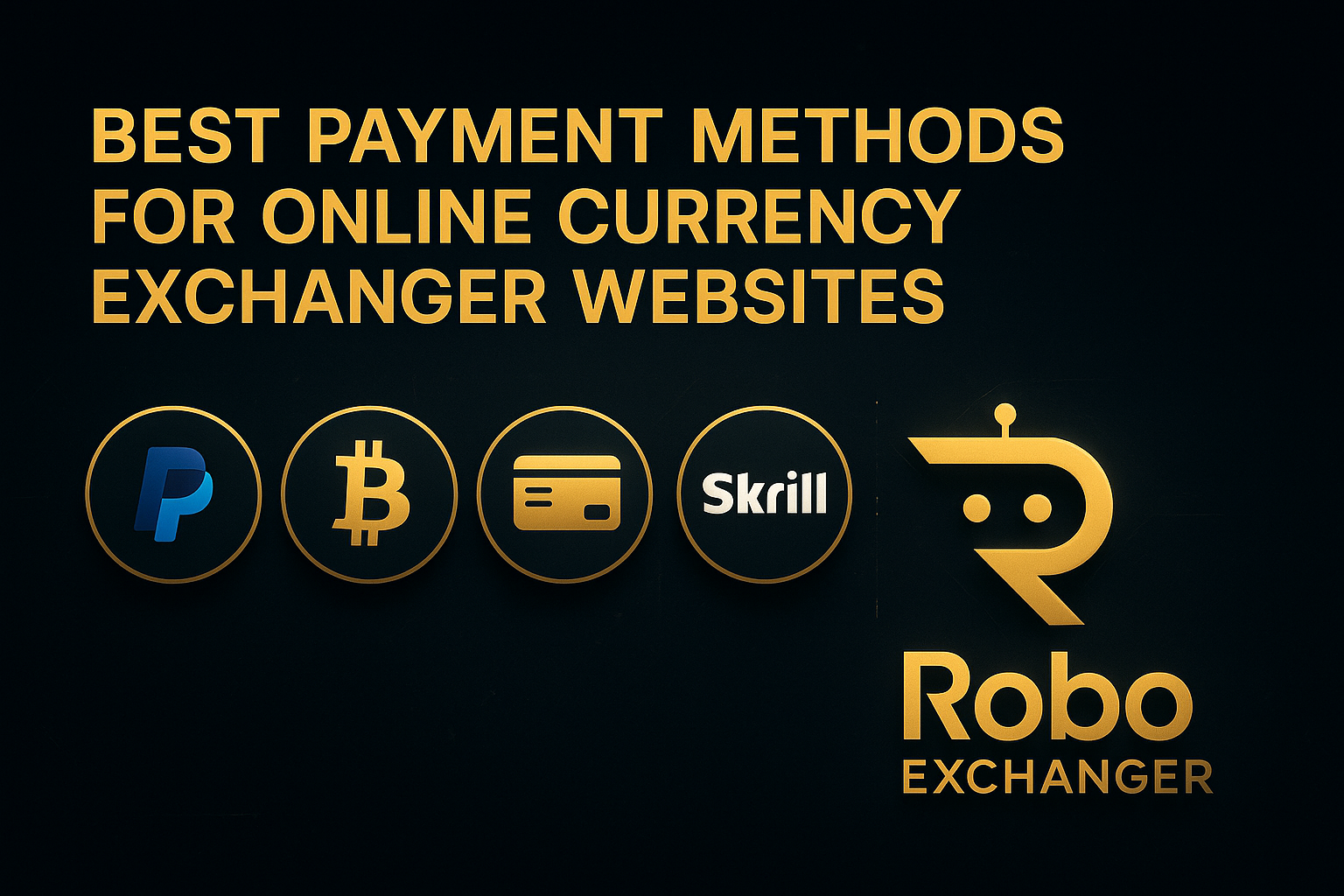 This featured image represents the article “Best Payment Methods for Online Currency Exchanger Websites.” It includes popular payment method icons such as Visa, Mastercard, PayPal, Payoneer, Wise, Binance, bKash, Nagad, and the official RoboExchanger logo. Designed with a futuristic dark theme, it visually supports content related to money exchange, fintech payment systems, and automated exchanger platforms.