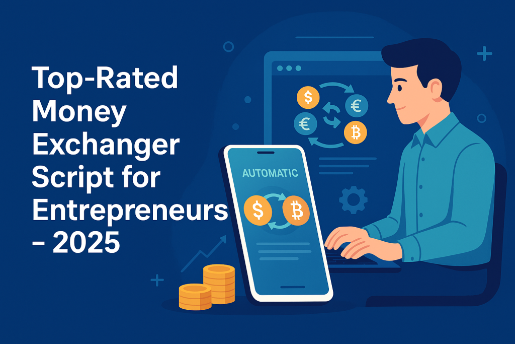 Professional illustration showing an entrepreneur using digital money exchanger software – Top-Rated Money Exchanger Script for Entrepreneurs 2025 by RoboExchanger.