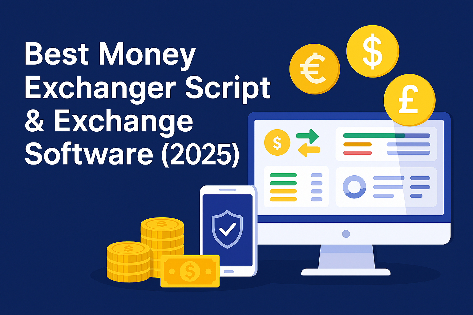Best Money Exchanger Script & Exchange Software 2025 – Featured Image Best Money Exchanger Script and Exchange Software 2025 promotional banner with currency icons and digital dashboard illustration