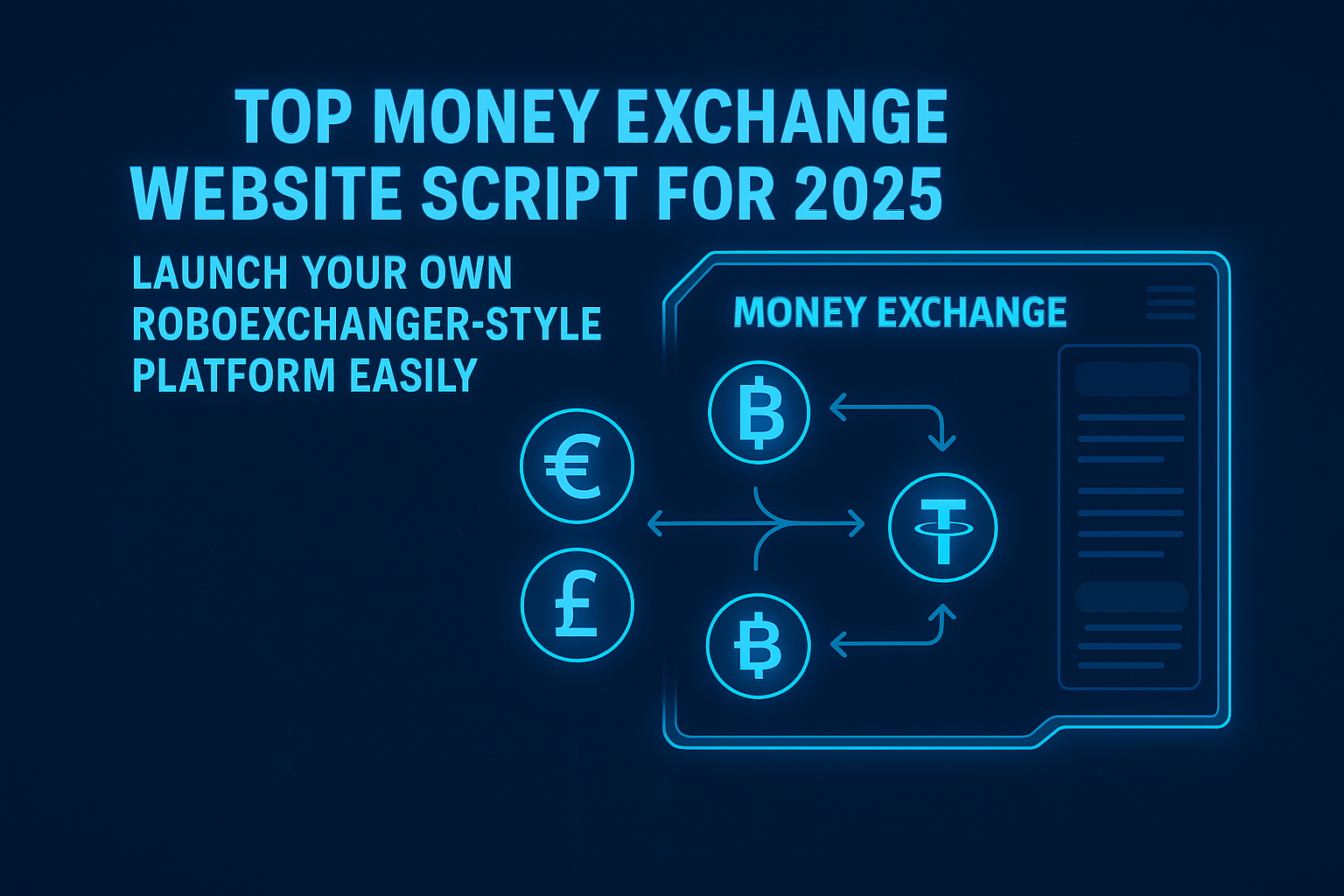 Top Money Exchange Website Script 2025 Featured Image Top money exchange website script for 2025 digital dashboard design with glowing currency icons.