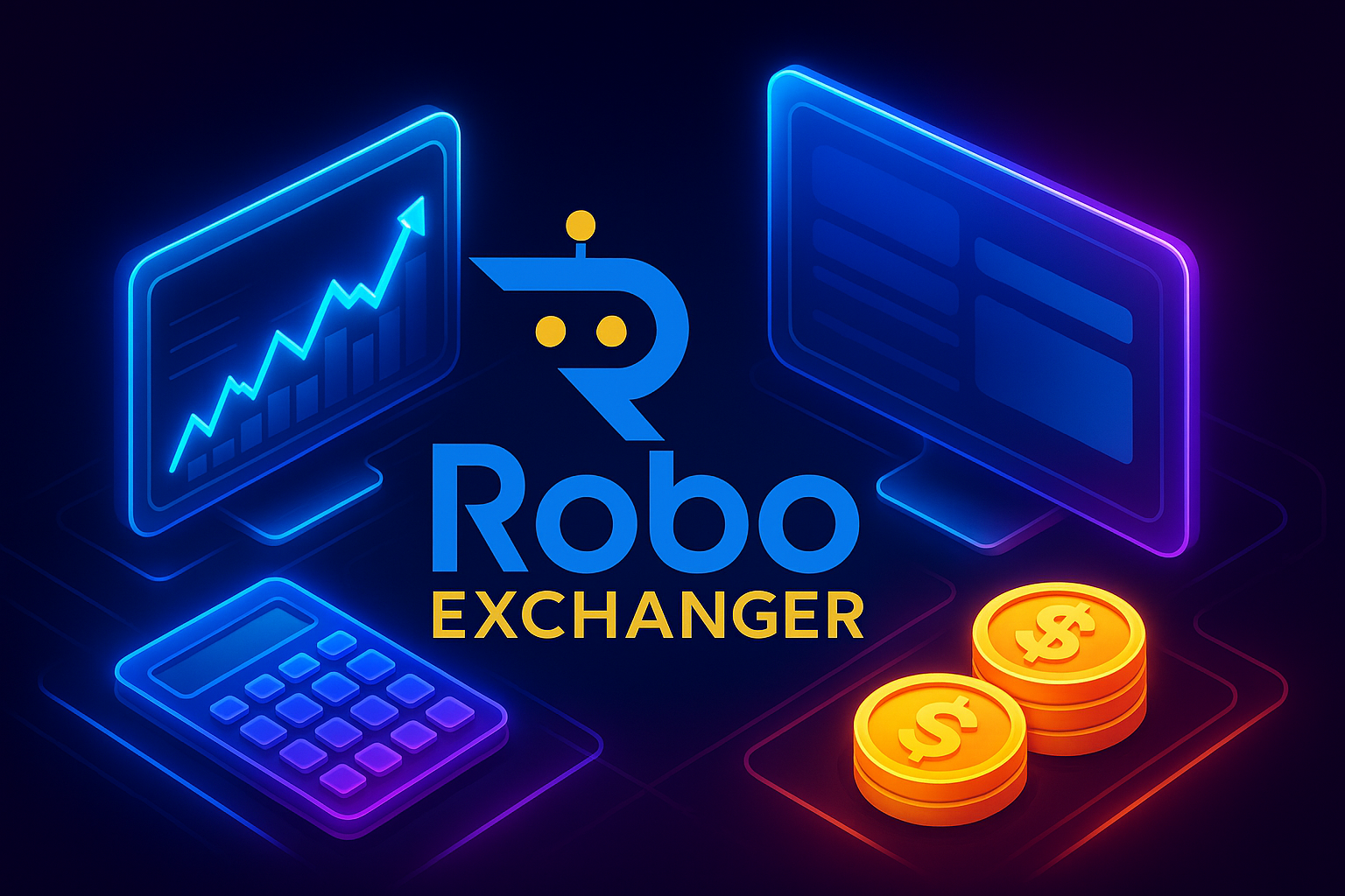 RoboExchanger Futuristic Currency Exchange Software Image Futuristic 3D currency exchange software graphic featuring the RoboExchanger logo, digital dashboard, calculator, and glowing financial icons.