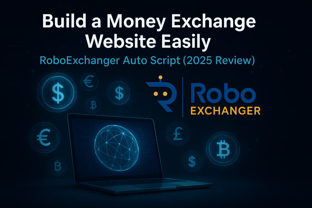 Futuristic RoboExchanger banner showing “Build a Money Exchange Website Easily” with glowing currency icons