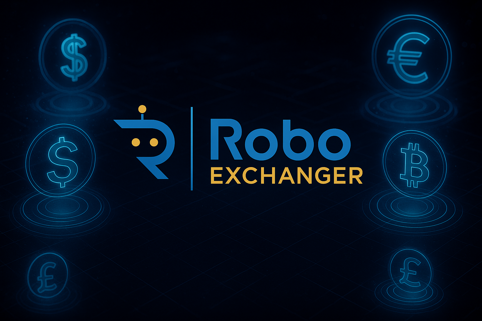 Futuristic RoboExchanger logo with glowing currency symbols for online money exchange website