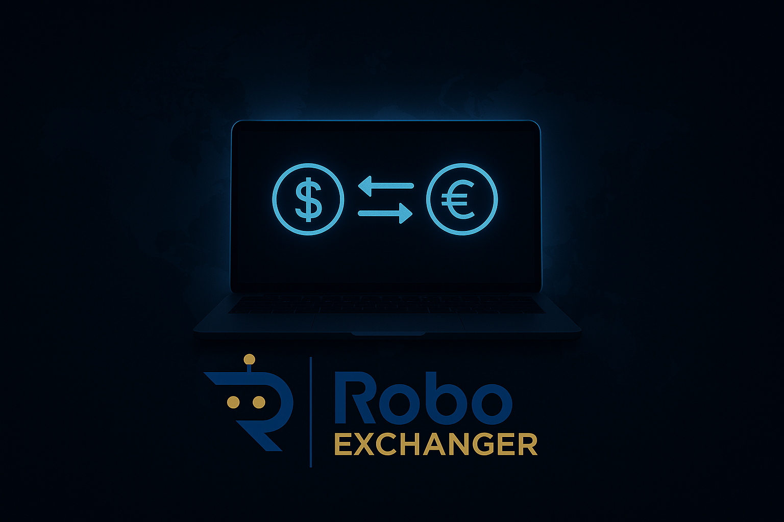 Money Exchanging Software – RoboExchanger Featured Image Money exchanging software interface with digital currency icons and RoboExchanger logo