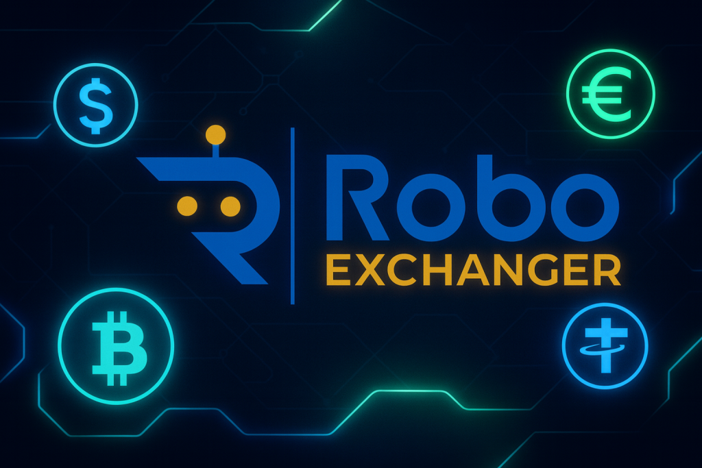 RoboExchanger logo with glowing digital currency icons in a futuristic dark theme
