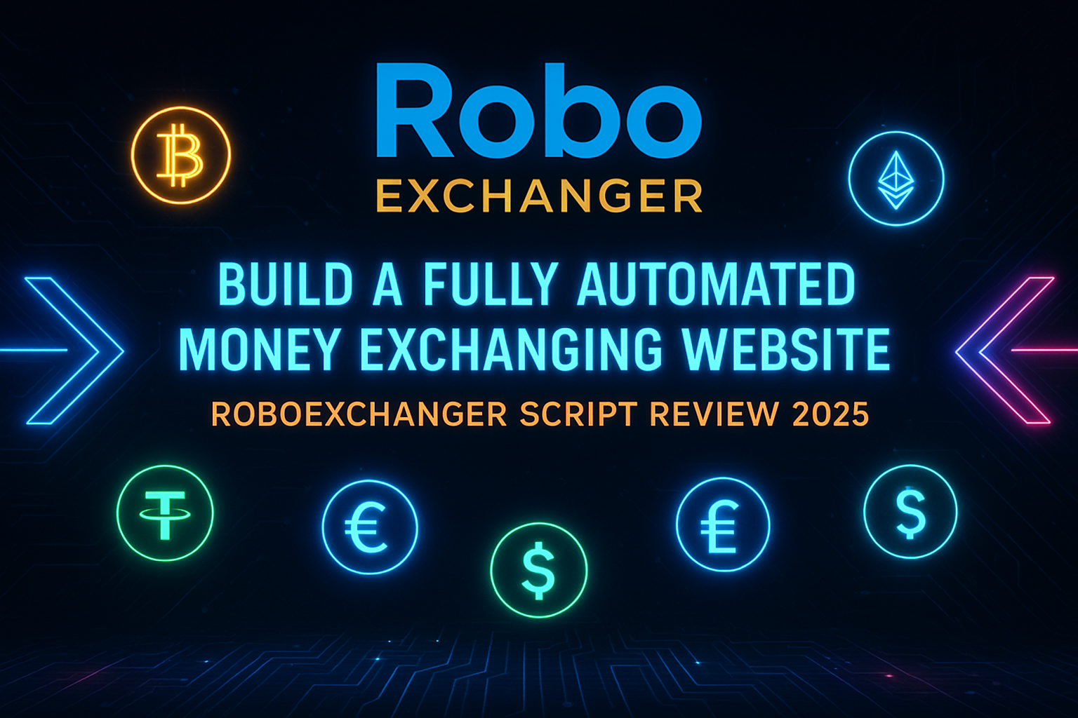 RoboExchanger Automated Money Exchanger Script Banner Dark futuristic banner showing RoboExchanger logo with neon currency icons promoting the automated money exchanging website script.