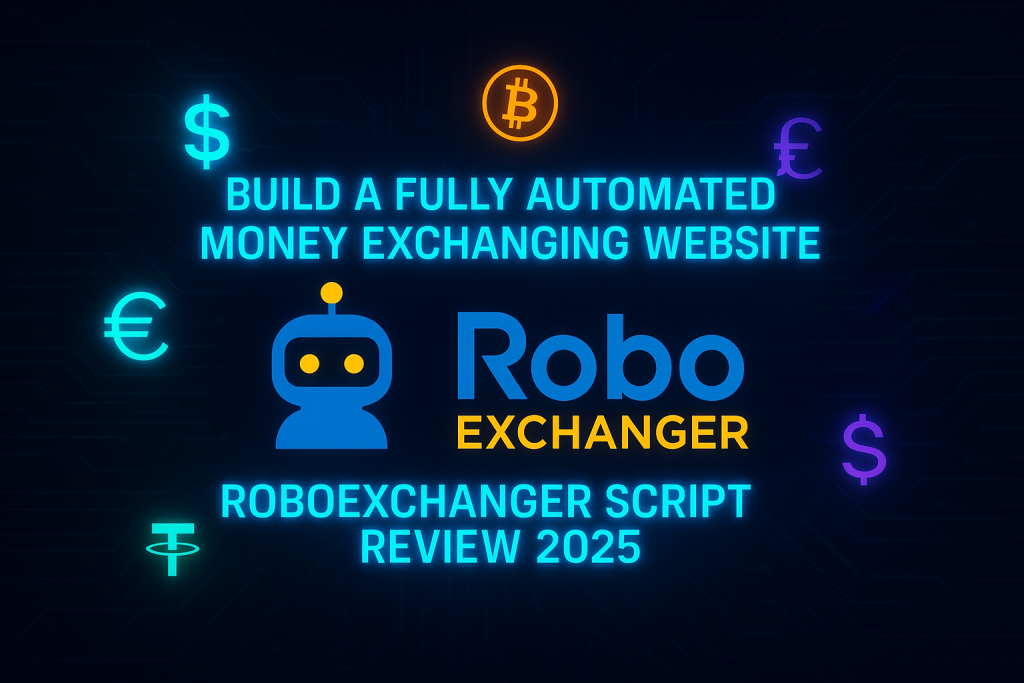 Automated Money Exchanger Website Script promotional banner with RoboExchanger logo and currency icons.