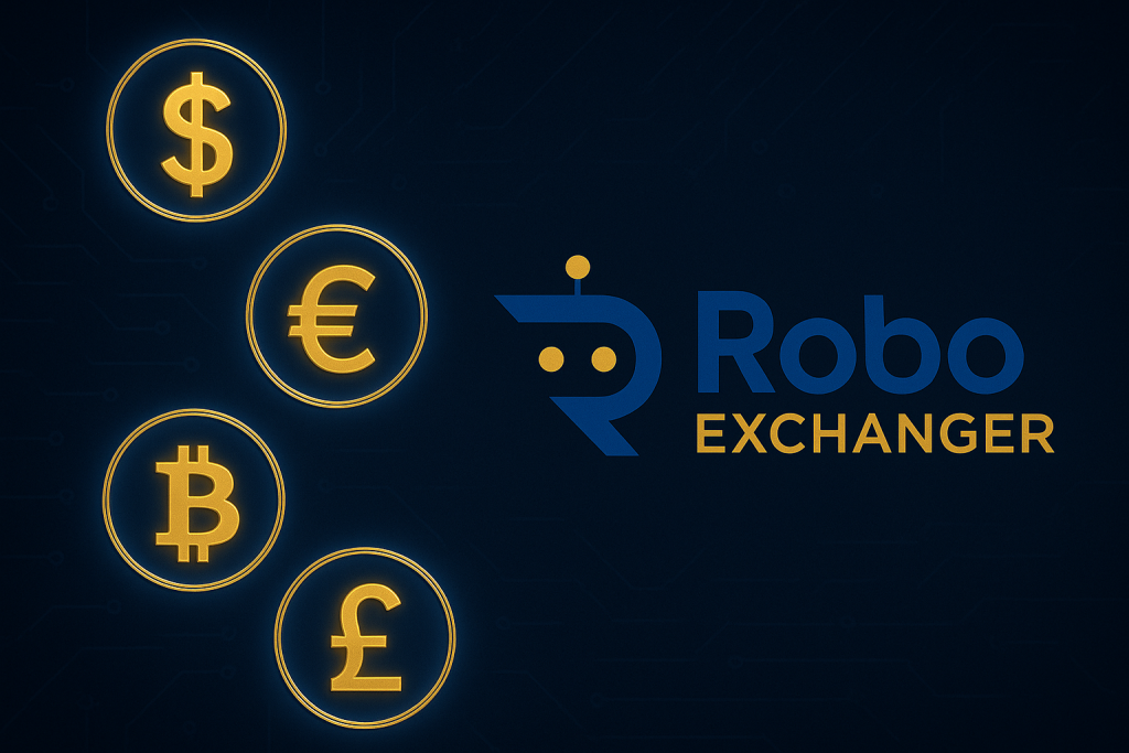 Best Money Exchange Script 2025 by RoboExchanger with neon currency icons