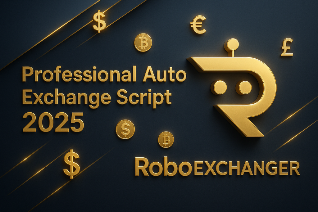 Premium gold and blue RoboExchanger featured image showing Professional Auto Exchange Script 2025 with currency icons.