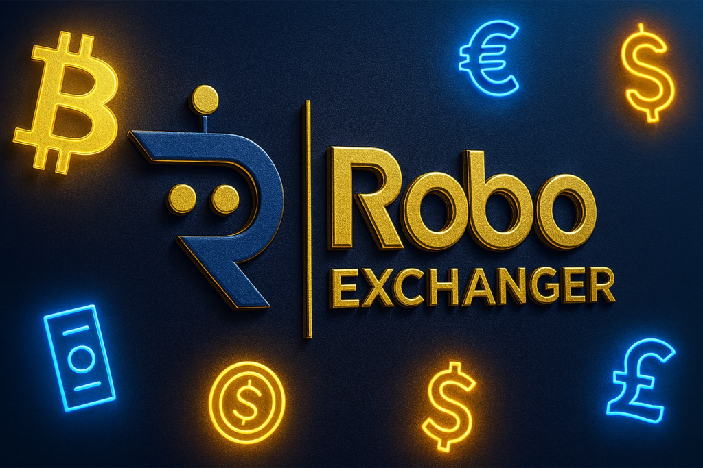 High-Profit Money Exchange Script 2025 by RoboExchanger with premium gold logo and neon currency icons
