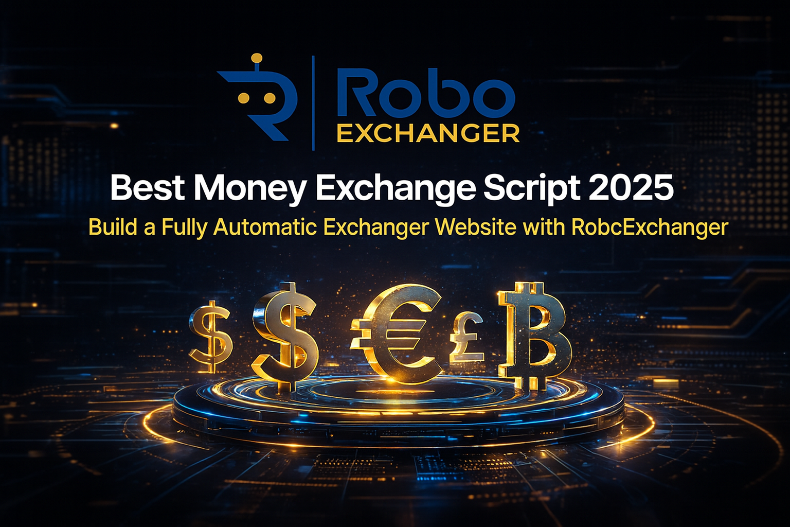 RoboExchanger feature image for Best Money Exchange Script 2025 with blue and gold digital currency icons.