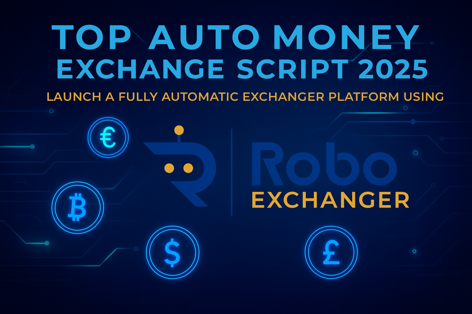 Automatic currency exchange script feature image with RoboExchanger logo and neon currency icons