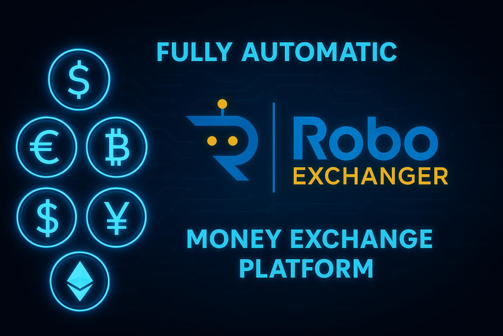 Dark futuristic RoboExchanger feature image with glowing neon currency icons and money exchanger script logo for automatic money exchange script 2025.