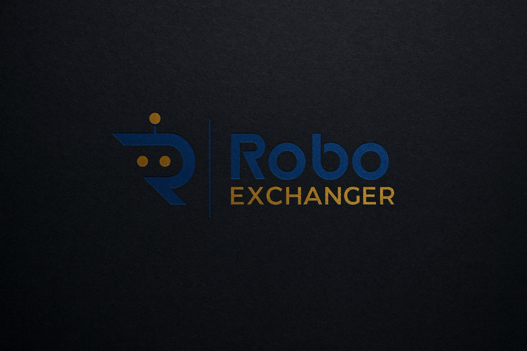 Dark themed feature image showing RoboExchanger logo with golden currency icons for multi-currency money exchange script 2025.