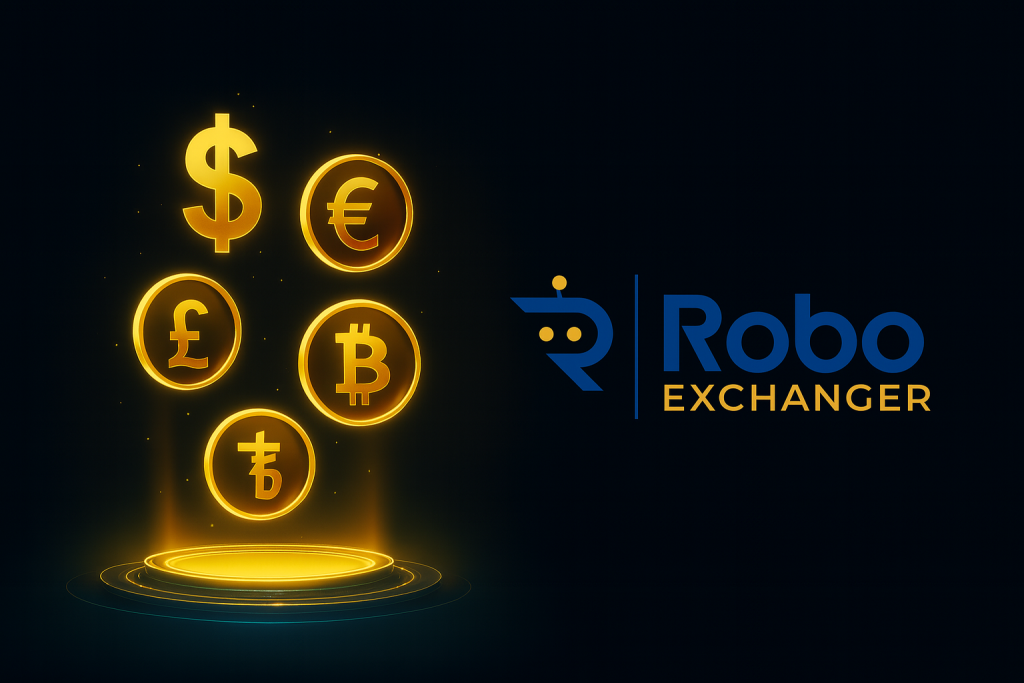 Dark themed feature image showing RoboExchanger logo with golden currency icons for multi-currency money exchange script 2025.