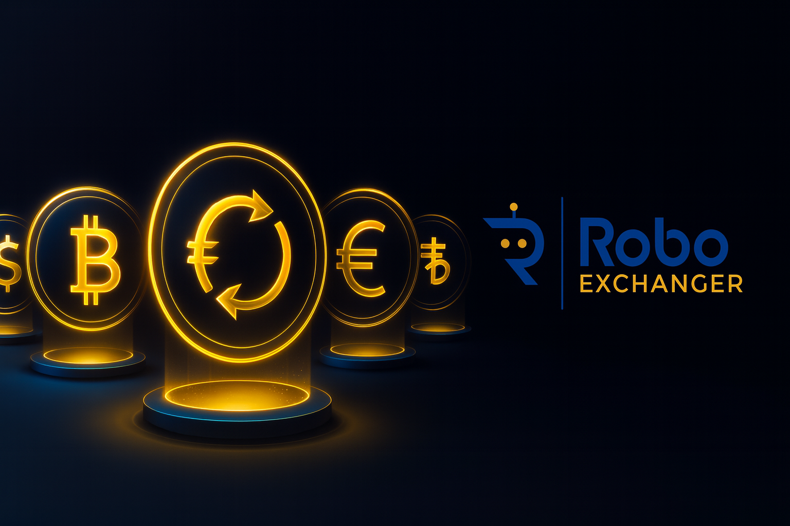Dark themed feature image showing RoboExchanger logo with golden currency icons for multi-currency money exchange script 2025.