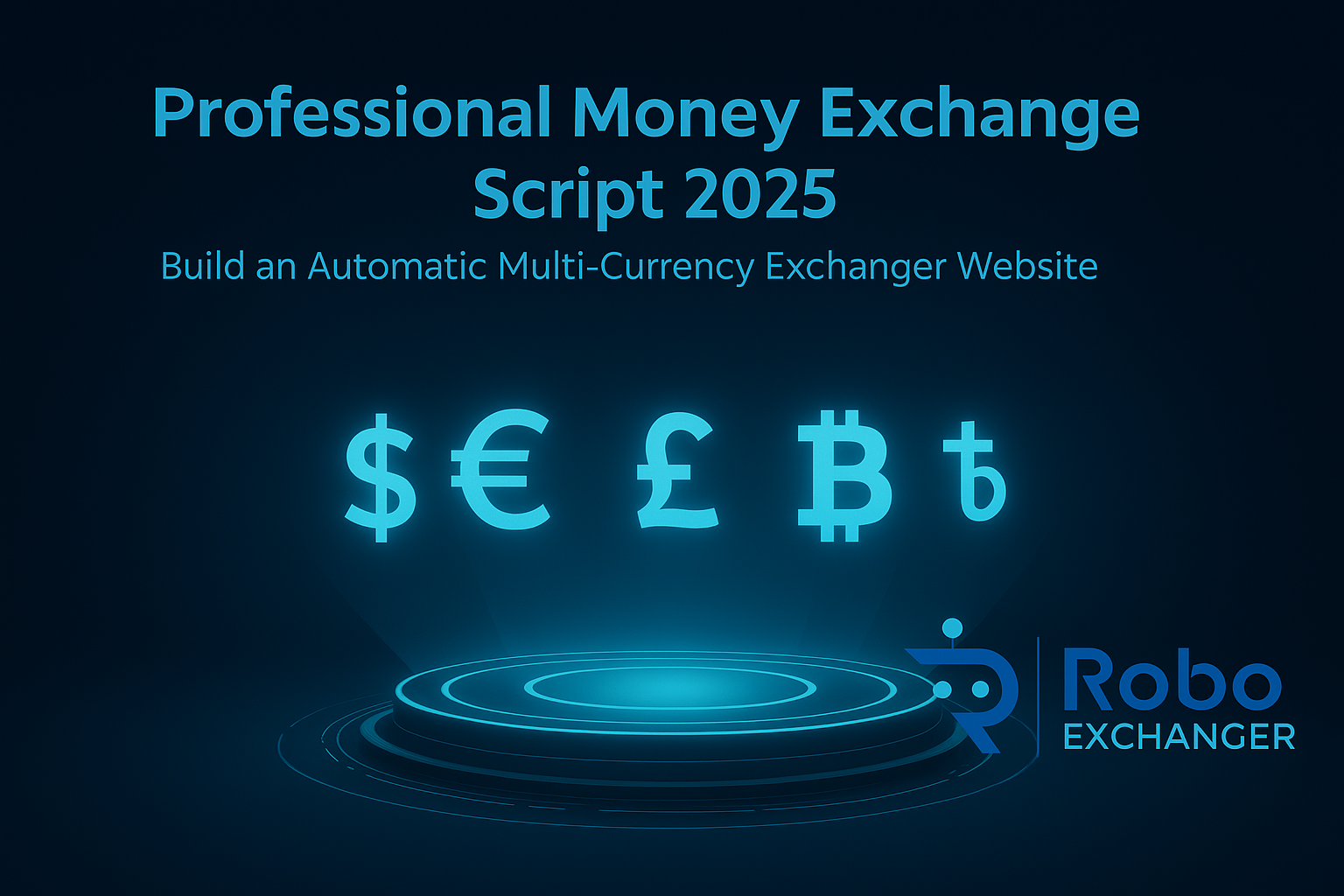 Professional Money Exchange Script 2025 feature banner with glowing blue currency icons and RoboExchanger logo on a dark futuristic background.