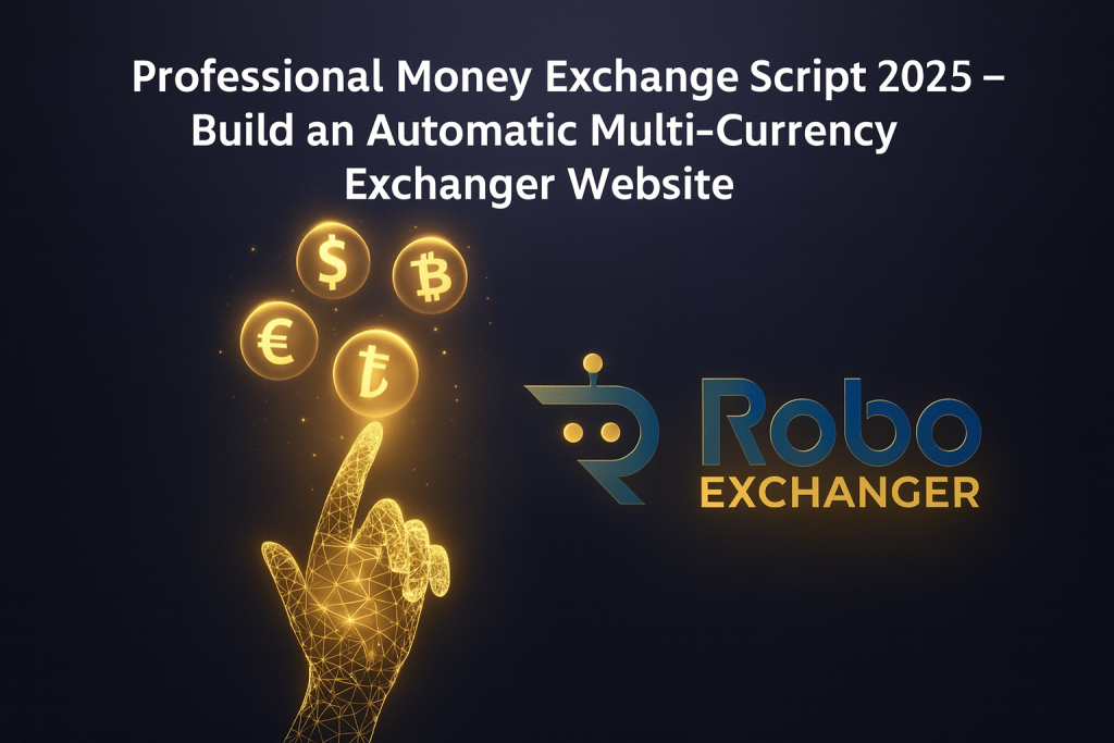 Professional Money Exchange Script 2025 feature banner with glowing blue currency icons and RoboExchanger logo on a dark futuristic background.