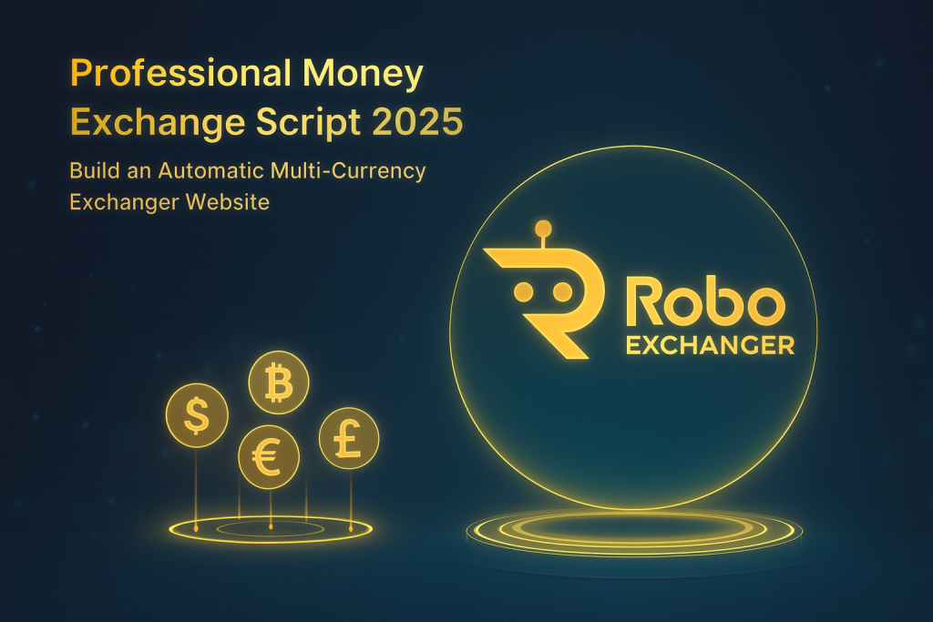 Professional Money Exchange Script 2025 feature banner with glowing blue currency icons and RoboExchanger logo on a dark futuristic background.