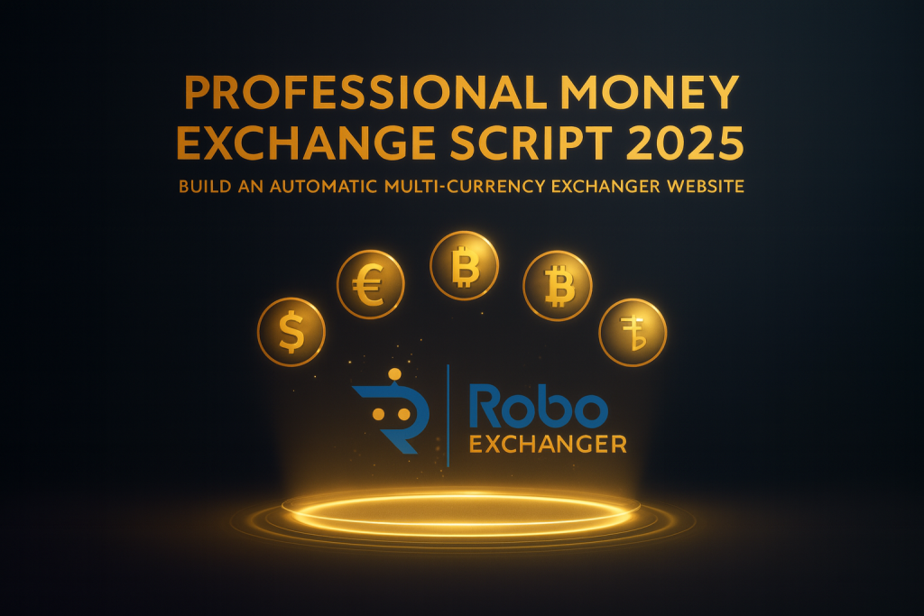 Professional Money Exchange Script 2025 feature banner with glowing blue currency icons and RoboExchanger logo on a dark futuristic background.