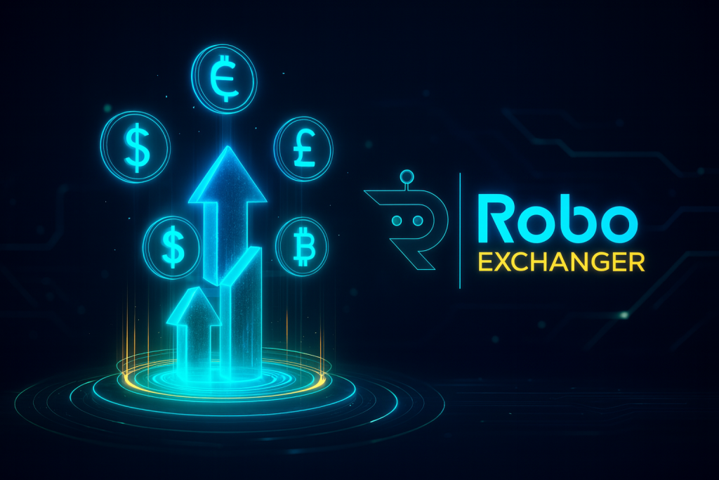 Futuristic neon black and gold feature image showing the RoboExchanger logo, hologram effects, and currency symbols promoting the Best Money Exchange Script for 2025.