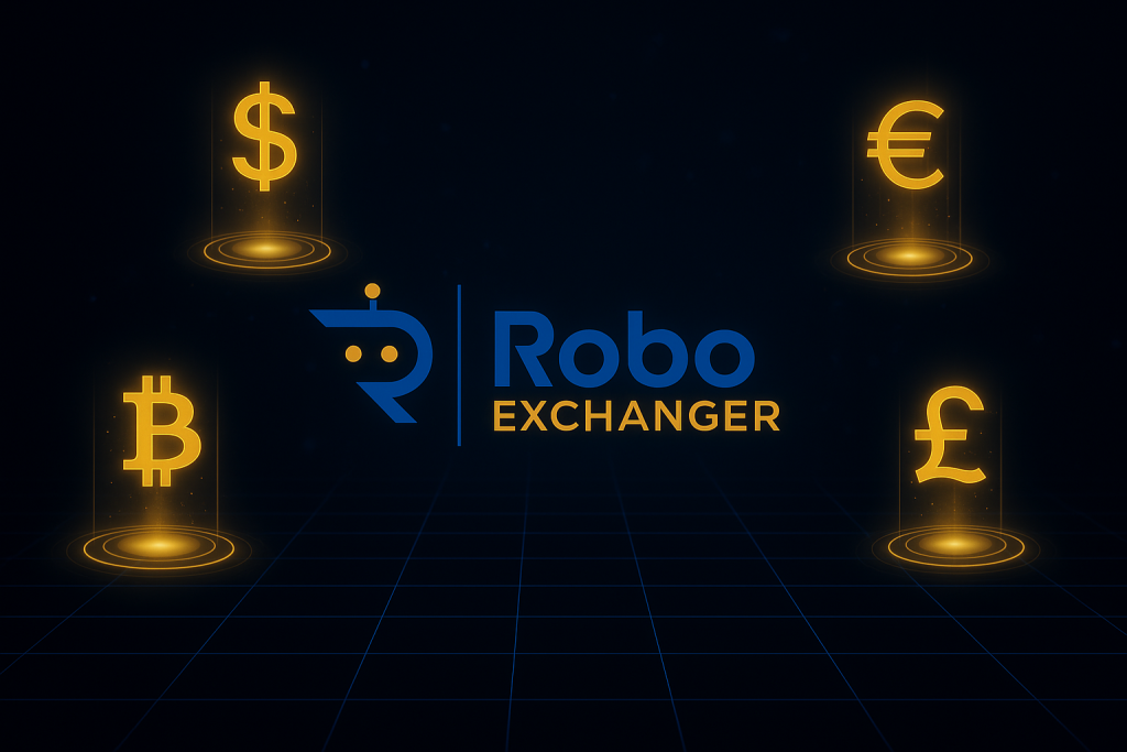 Dark futuristic feature image with RoboExchanger logo and glowing currency icons for the 2025 secure money exchange script article.