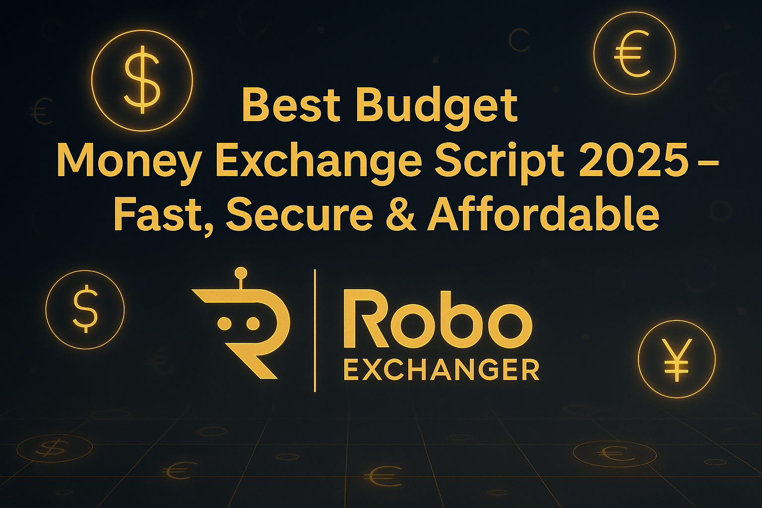 Neon futuristic feature image showing Best Budget Money Exchange Script 2025 – Fast, Secure & Affordable with RoboExchanger logo and glowing currency icons.