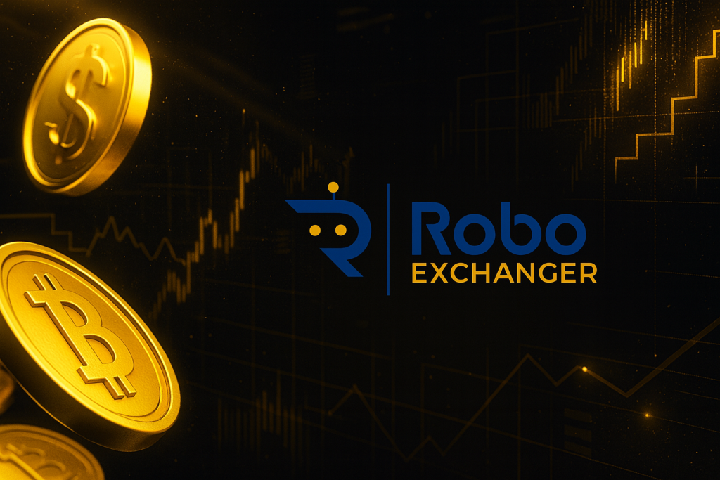 Neon futuristic feature image showing Best Budget Money Exchange Script 2025 – Fast, Secure & Affordable with RoboExchanger logo and glowing currency icons.