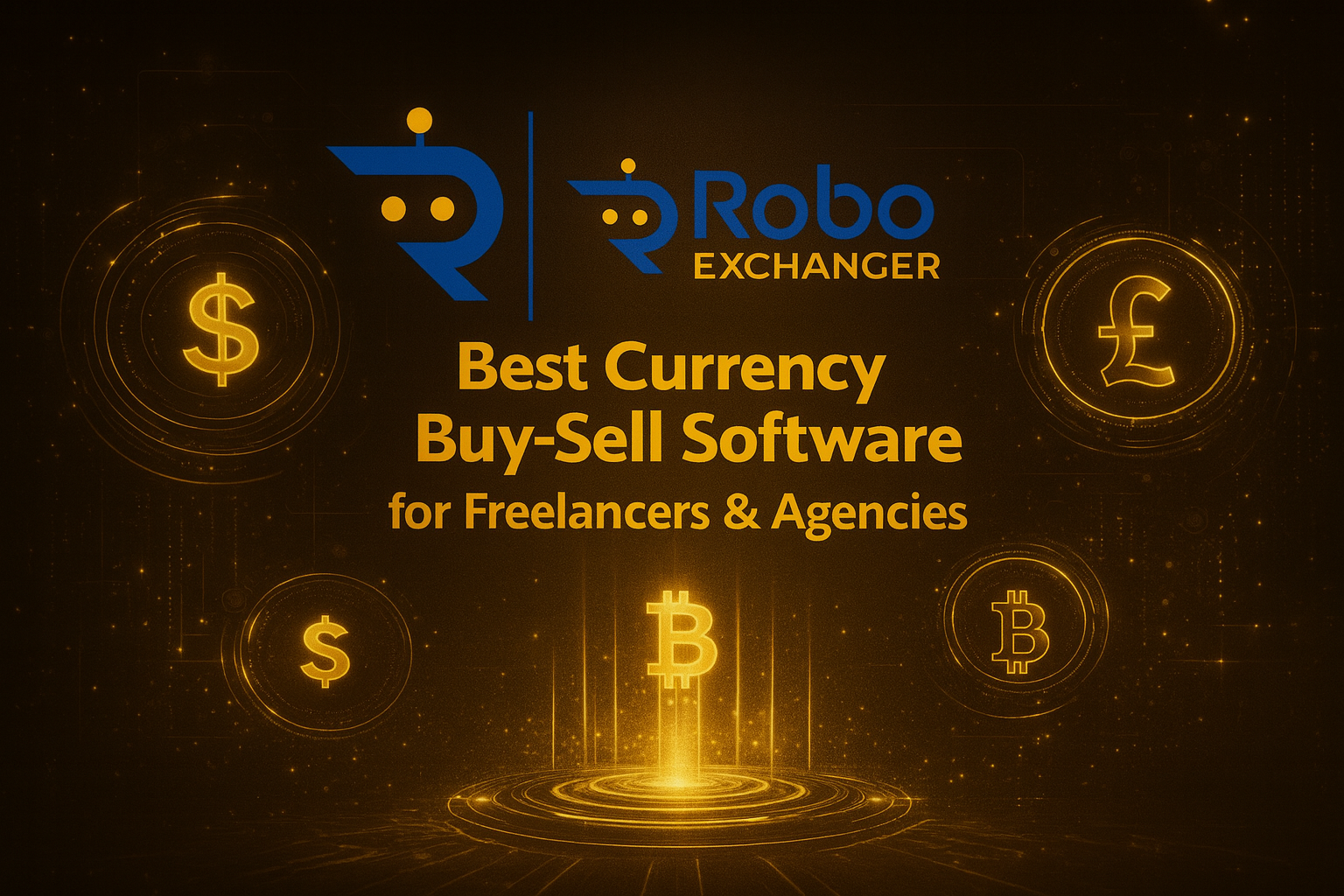 Futuristic blue and gold feature image showing the RoboExchanger logo with glowing currency icons for the article Best Currency Buy-Sell Software for Freelancers & Agencies.