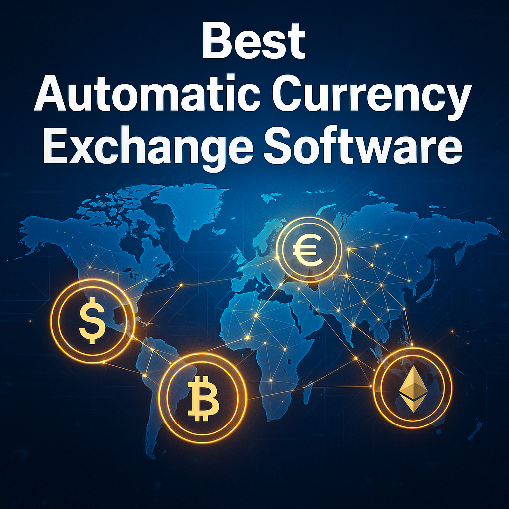 Best Automatic Currency Exchange Software by RoboExchanger showing global digital currencies like USD, BTC, ETH, and EUR connected in a fintech network