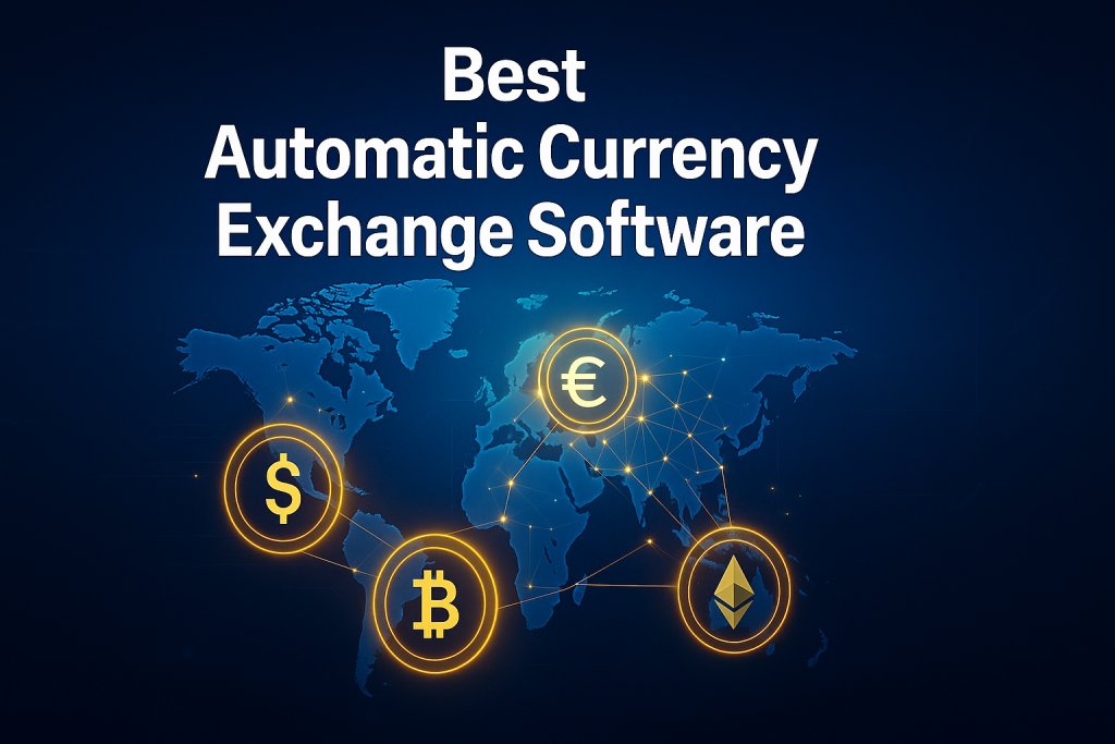 Best Automatic Currency Exchange Software by RoboExchanger showing global digital currencies like USD, BTC, ETH, and EUR connected in a fintech network