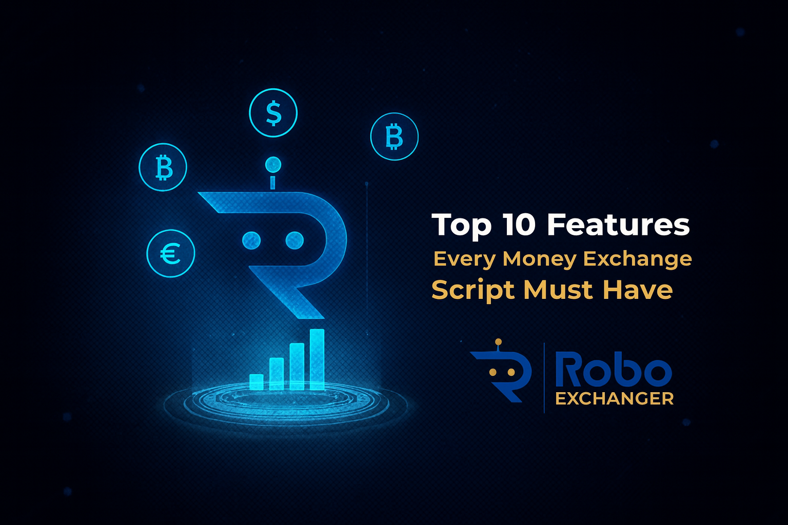 Futuristic fintech feature image showing RoboExchanger logo, glowing currency icons, and the title ‘Top 10 Features Every Money Exchange Script Must Have’.