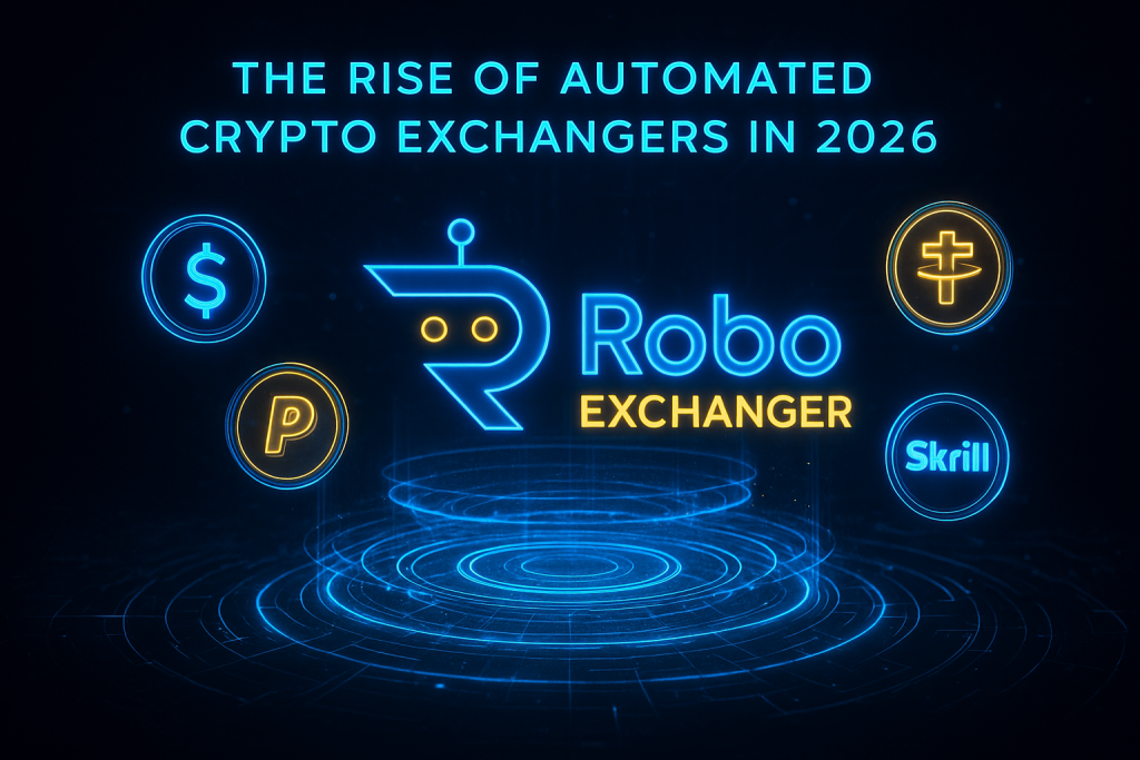 Ultra-premium hologram-themed feature image showing the RoboExchanger logo with neon blue and gold glow, currency icons, and the title “The Rise of Automated Crypto Exchangers in 2026.”
