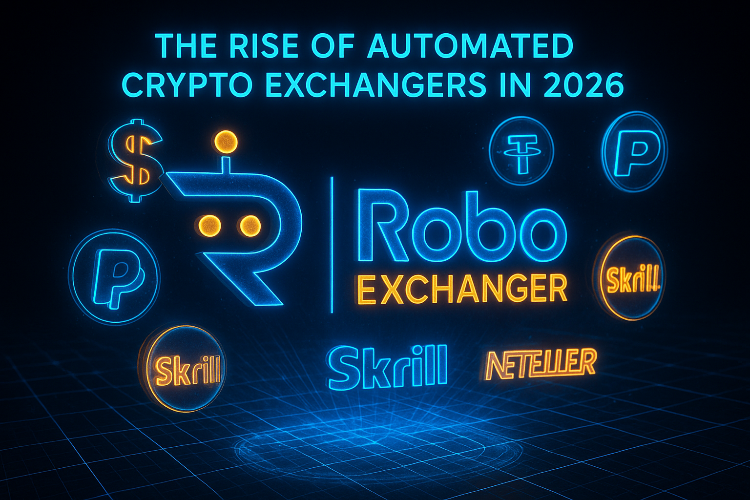 The Rise of Automated Crypto Exchangers in 2026 – RoboExchanger Feature Image Ultra-premium hologram-themed feature image showing the RoboExchanger logo with neon blue and gold glow, currency icons, and the title “The Rise of Automated Crypto Exchangers in 2026.”