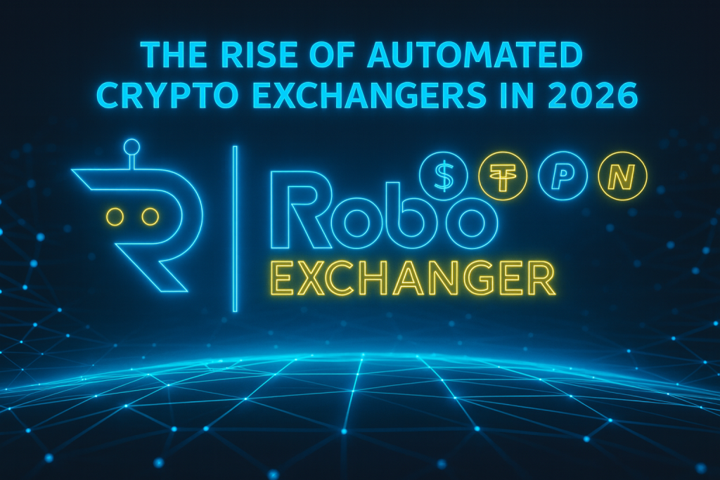 Ultra-premium hologram-themed feature image showing the RoboExchanger logo with neon blue and gold glow, currency icons, and the title “The Rise of Automated Crypto Exchangers in 2026.”