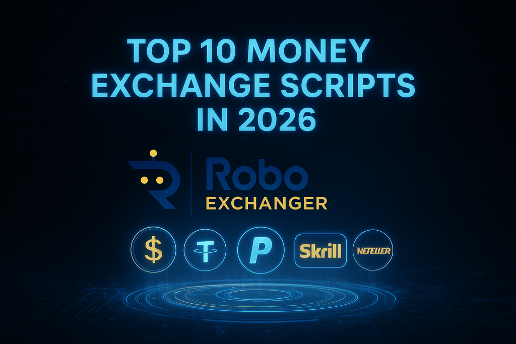 Premium feature image showing “Top 10 Money Exchange Scripts in 2026” with RoboExchanger logo, USD, USDT, PayPal, Skrill, and Neteller hologram icons.