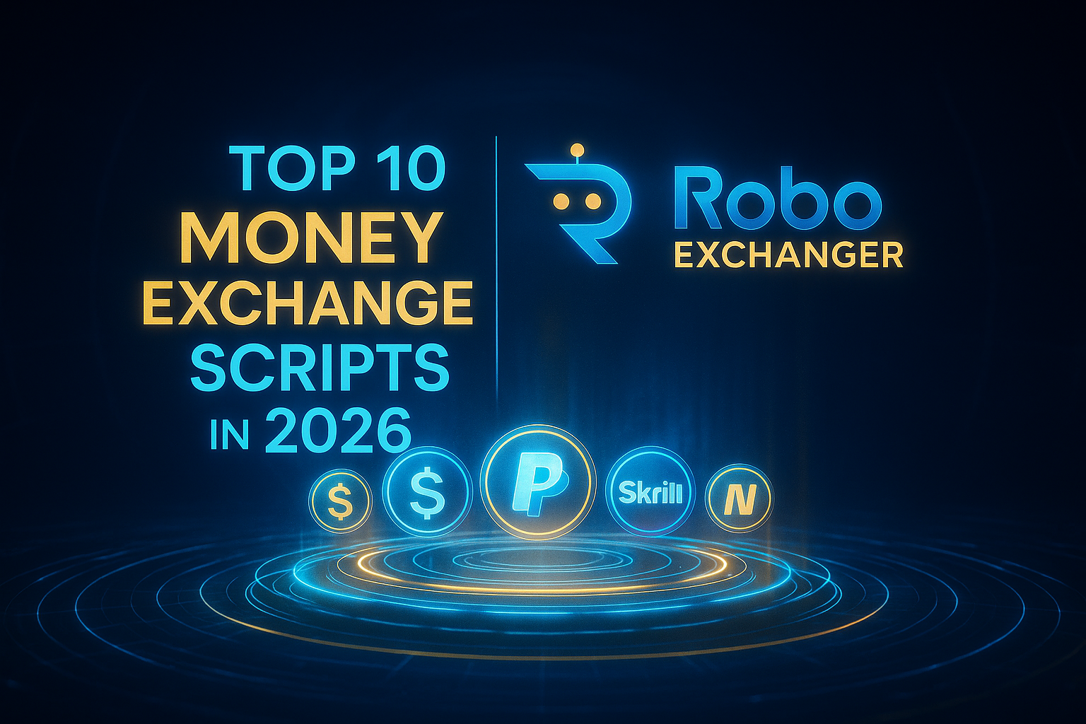 Premium feature image showing “Top 10 Money Exchange Scripts in 2026” with RoboExchanger logo, USD, USDT, PayPal, Skrill, and Neteller hologram icons.