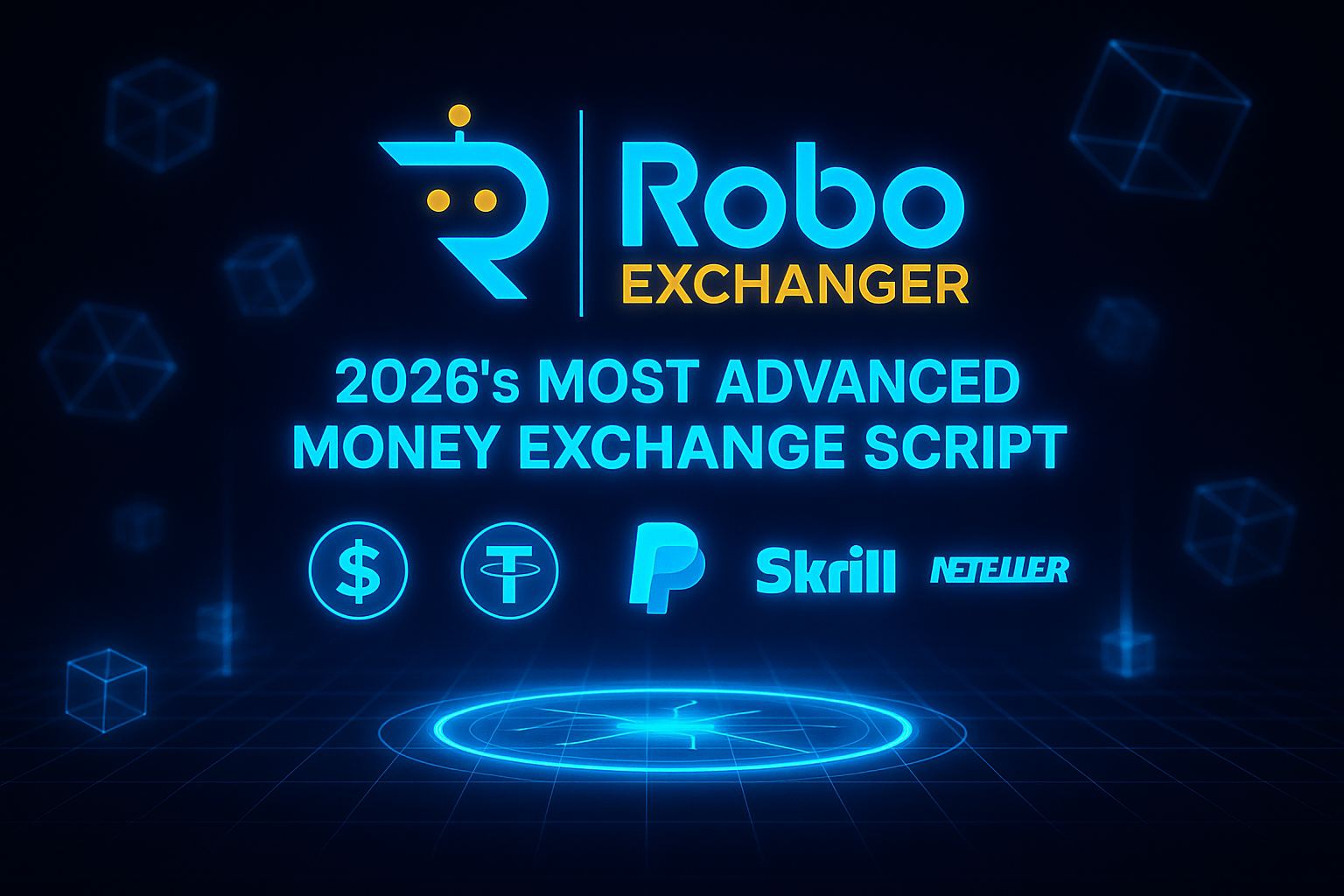 2026’s Most Advanced Money Exchange Script – RoboExchanger Feature image showing 2026’s Most Advanced Money Exchange Script with RoboExchanger logo, neon blue and gold hologram effects, and currency icons.