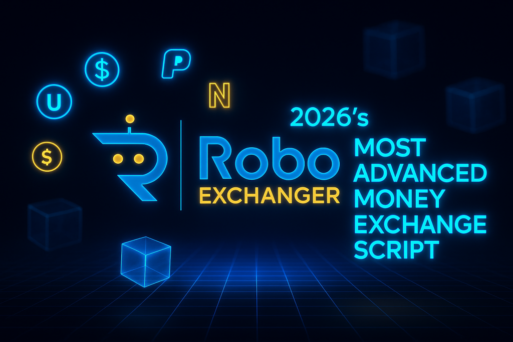 Feature image showing 2026’s Most Advanced Money Exchange Script with RoboExchanger logo, neon blue and gold hologram effects, and currency icons.