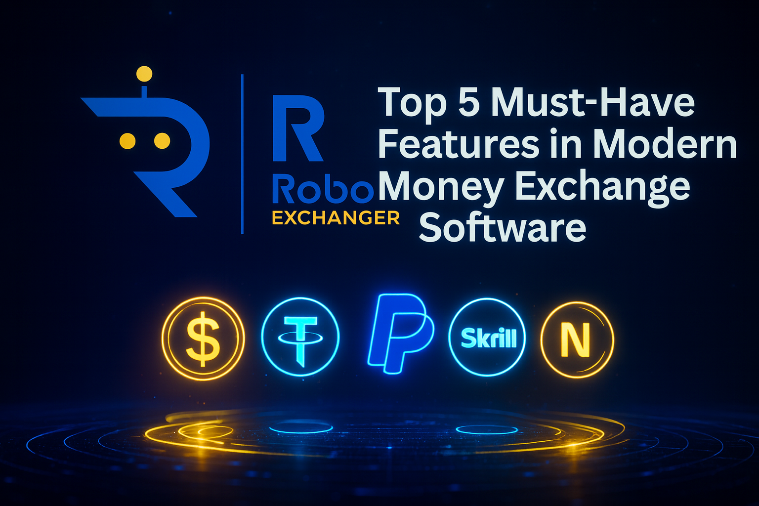 Top 5 Must-Have Features in Modern Money Exchange Software – RoboExchanger Feature image showing RoboExchanger logo with neon blue and gold glow, futuristic hologram background, and icons for USD, USDT, PayPal, Skrill, and Neteller under the title “Top 5 Must-Have Features in Modern Money Exchange Software”.