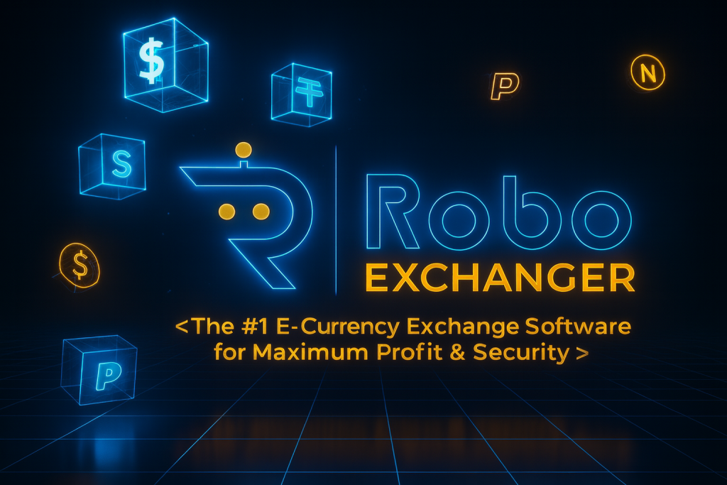 RoboExchanger e-currency exchange software with neon fintech design