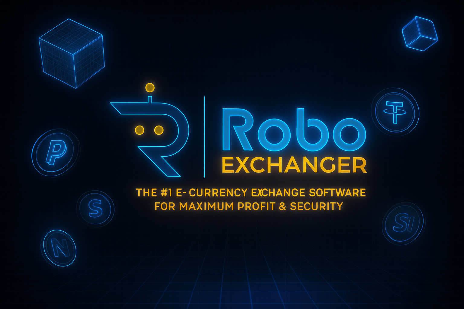 RoboExchanger e-currency exchange software with neon fintech design
