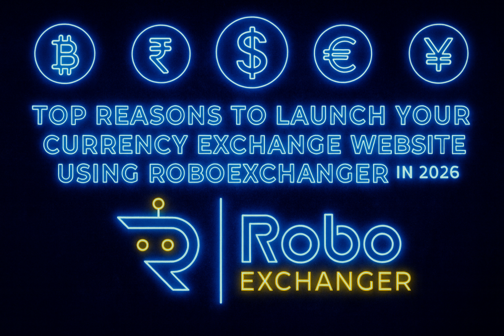 Feature image showing neon currency icons and RoboExchanger logo for the article “Top Reasons to Launch Your Currency Exchange Website Using RoboExchanger”.