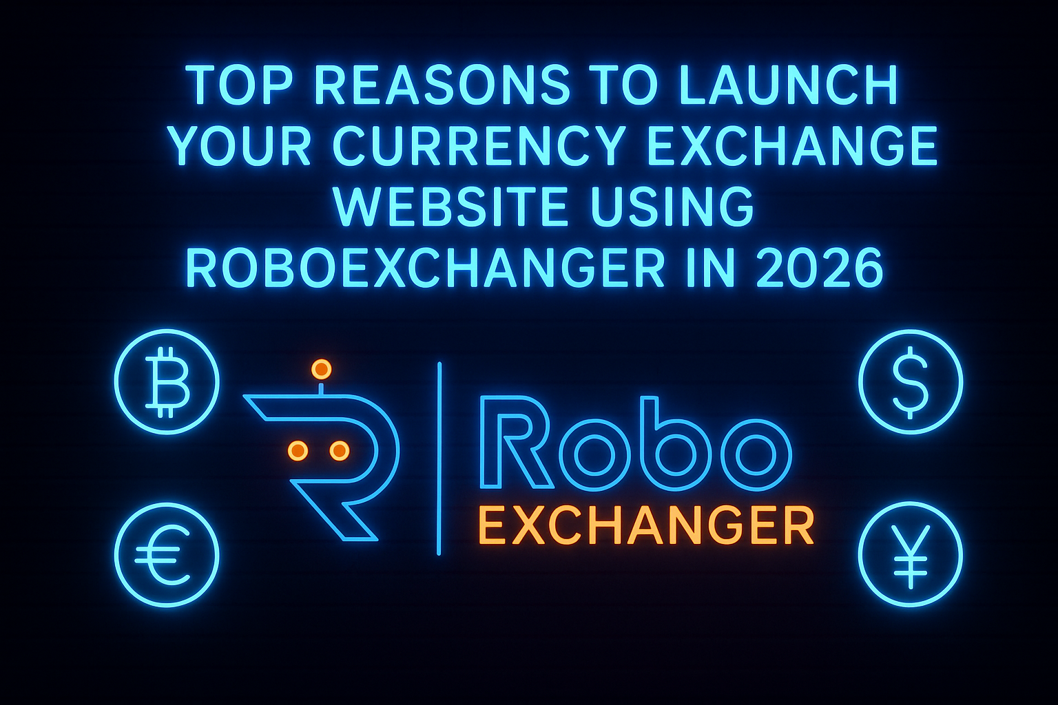 Top Reasons to Launch Your Currency Exchange Website Using RoboExchanger – Feature Image Feature image showing neon currency icons and RoboExchanger logo for the article “Top Reasons to Launch Your Currency Exchange Website Using RoboExchanger”.