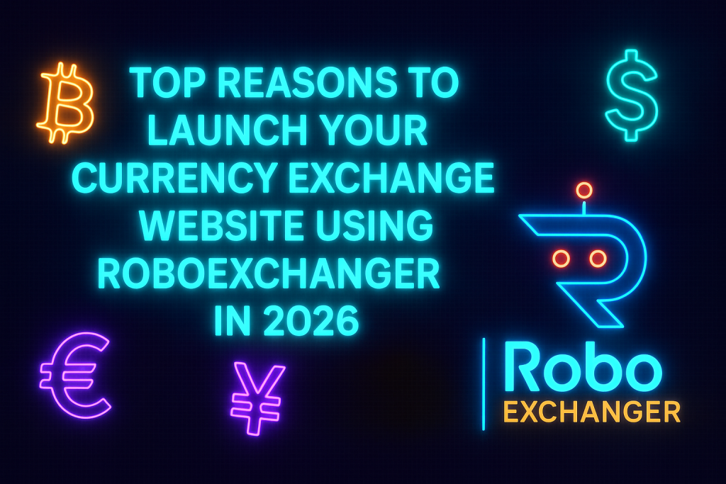 Feature image showing neon currency icons and RoboExchanger logo for the article “Top Reasons to Launch Your Currency Exchange Website Using RoboExchanger”.