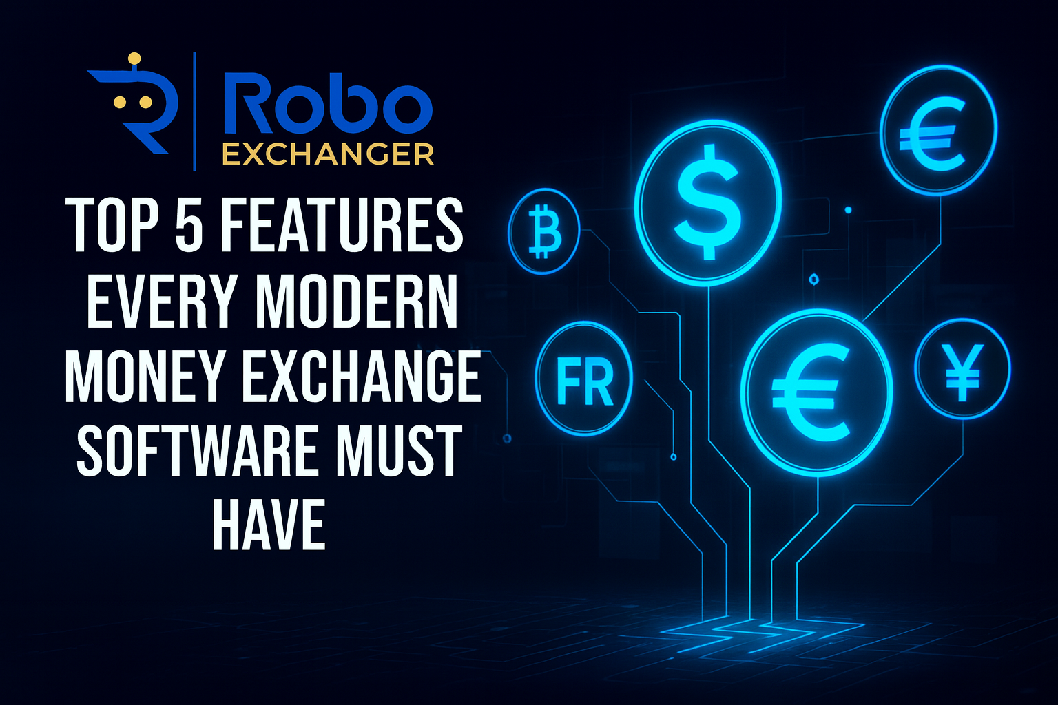 Top 5 Features Every Modern Money Exchanger Software Must Have – RoboExchanger Feature image showing RoboExchanger logo with neon currency icons for the article Top 5 Features Every Modern Money Exchanger Software Must Have.