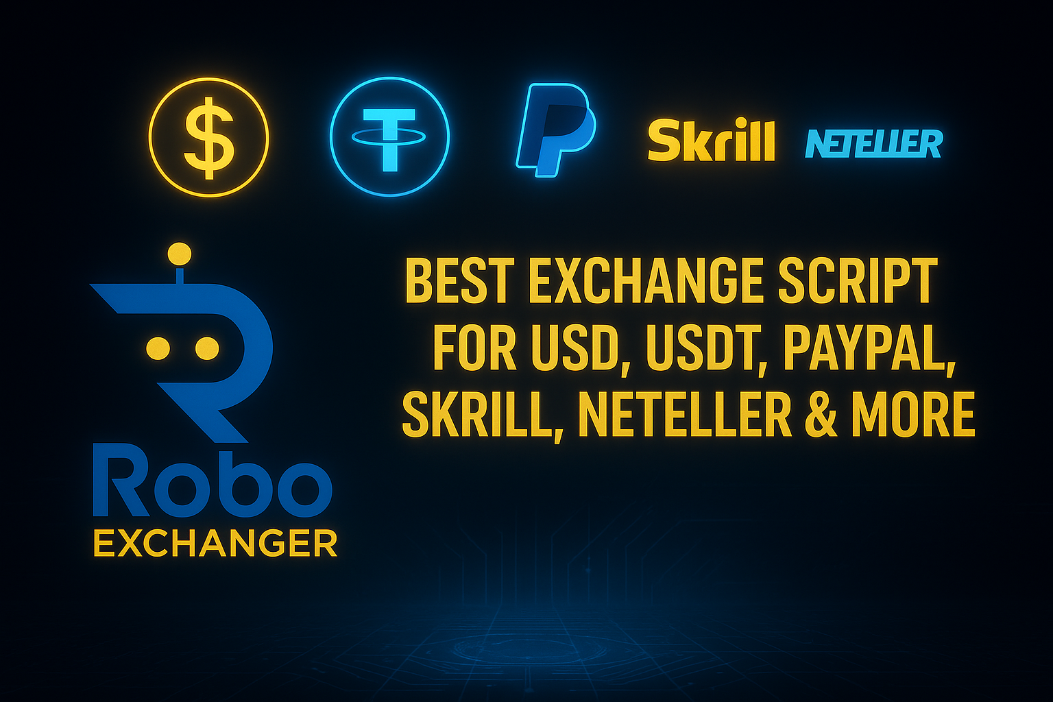 RoboExchanger – Best exchange script for USD, USDT, PayPal, Skrill & Neteller with neon blue and gold premium design.