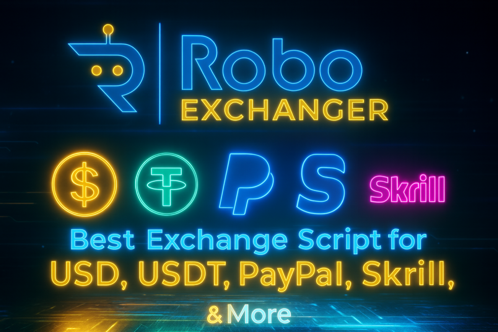 RoboExchanger – Best exchange script for USD, USDT, PayPal, Skrill & Neteller with neon blue and gold premium design.